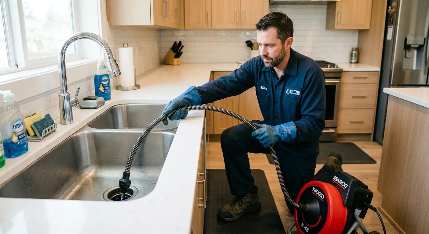 Drain cleaning technician using a motorized snake on a kitchen sink in Hillview