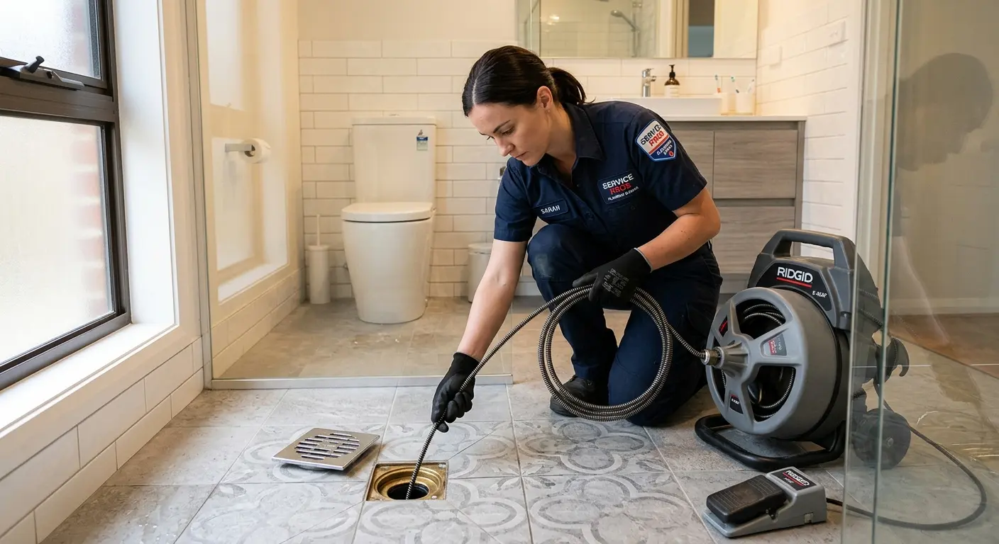 Technician clearing a bathroom floor drain for Drain Repair in Hillview
